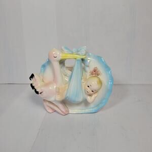 Vintage Stork Baby Ceramic Planter Mid Century Nursery Kitsch Baby Shower Decor